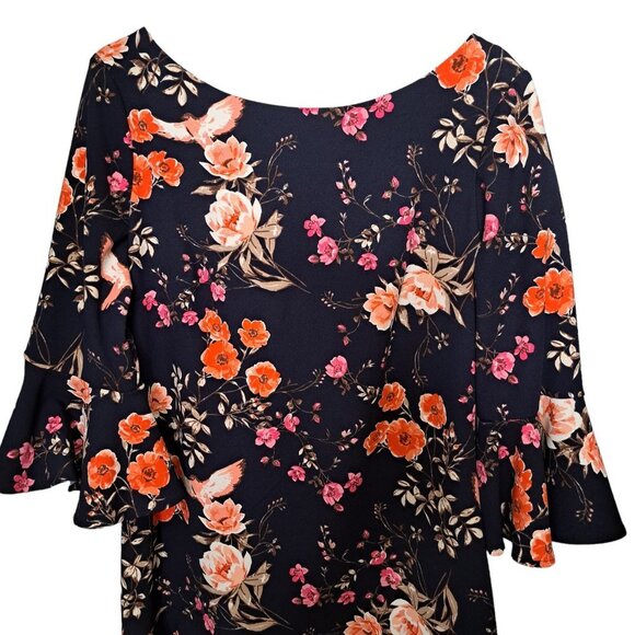 Eliza J. Navy Blue Orange Floral Bell Sleeve Flounce Dress Size 14 - Picture 4 of 8
